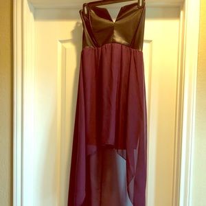 Bebe High Low black faux leather  top purple dress